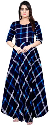 Hans Craft And Fashion Women Fit and Flare Dark Blue, White, Blue Dress