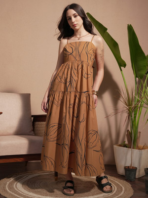 Vishudh Women A-line Brown Maxi/Full Length Dress