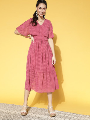 Mayffei Women Fit and Flare Pink Midi/Calf Length Dress