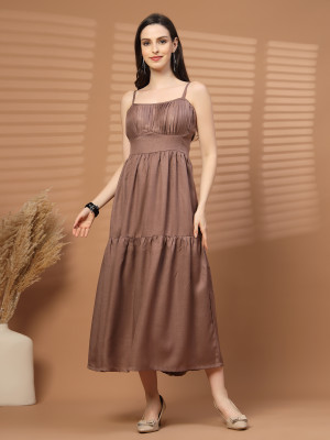 PLUSS Women Fit and Flare Brown Knee Length Dress