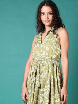 V-MART Women A-line Green Midi/Calf Length Dress