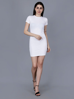 KISROLI Women Sheath White Above Knee/Mid Thigh Length Dress