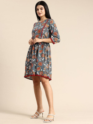 A&k Women A-line Grey, Multicolor Knee Length Dress