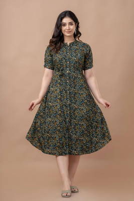 HouseOfCommon Women A-line Green, Yellow Midi/Calf Length Dress