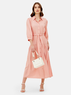 KAZO Women Fit and Flare Pink Midi/Calf Length Dress