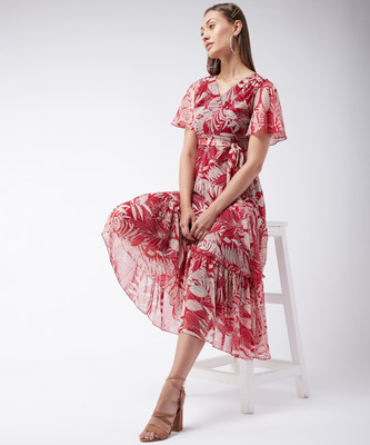 Miss Chase Women Wrap Red, White Midi/Calf Length Dress