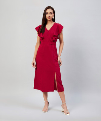 RARE Women A-line Maroon Midi/Calf Length Dress