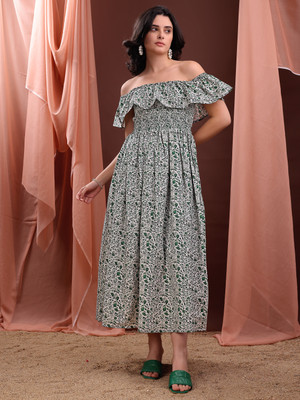 PURVAJA Women Ruffled Green Maxi/Full Length Dress