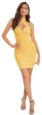 LONDON SNITCH Women Cinched Waist Yellow Above Knee/Mid Thigh Length Dress