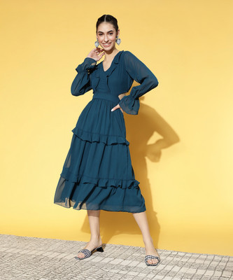 ATHENA Women Fit and Flare Dark Blue Midi/Calf Length Dress