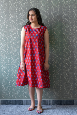Jaipuri Bunaai Women A-line Red, Blue, White Midi/Calf Length Dress
