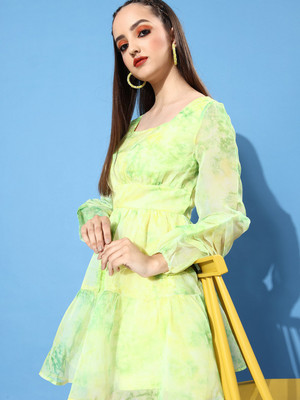 KASSUALLY Women Fit and Flare Green Above Knee/Mid Thigh Length Dress