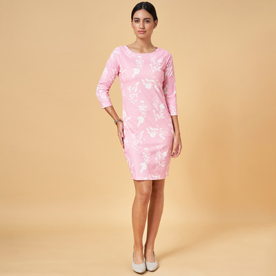 Annabelle by Pantaloons Women Shift Pink, White Below Knee Dress