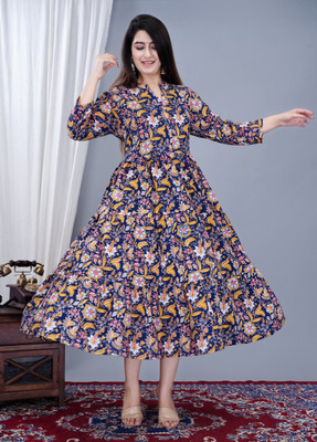 Gudwear Women Printed Flared Kurta(Blue)