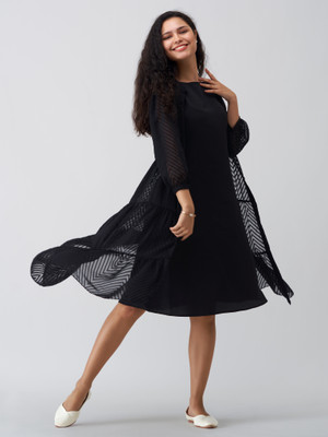 AASK Women Fit and Flare Black Midi/Calf Length Dress