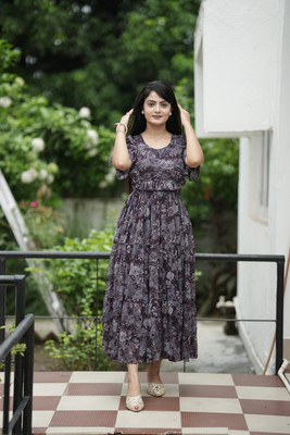Divine India Women Fit and Flare Purple Ankle Length Dress