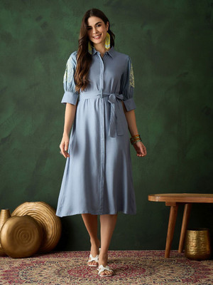 Sangria Women Fit and Flare Grey Midi/Calf Length Dress