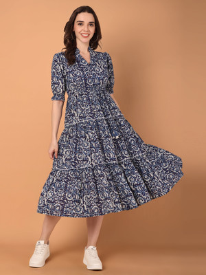 Azira Women Fit and Flare Blue Midi/Calf Length Dress