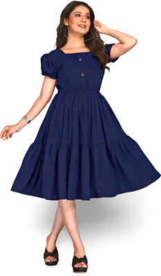 HouseOfCommon Women Fit and Flare Blue Below Knee Dress