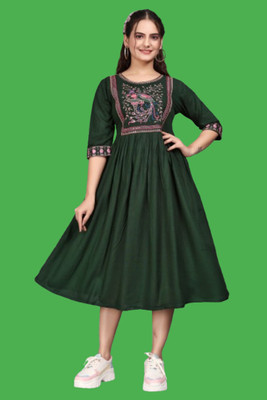 HOC's Women Fit and Flare Green Below Knee Dress