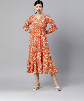 indibelle Women A-line Orange Midi/Calf Length Dress