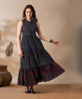 Globus Women Fit and Flare Blue Maxi/Full Length Dress