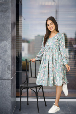 GIVAFAISHONS Women Fit and Flare Light Green Knee Length Dress