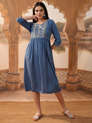 Vishudh Women Gathered Blue Midi/Calf Length Dress