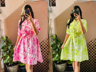 simran collections Women Fit and Flare Pink, White, Light Green Dress