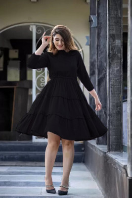 GPNTI Women Fit and Flare Black Midi/Calf Length Dress
