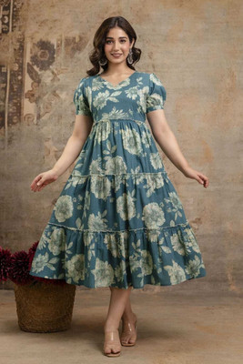 Giabella Women Gathered Blue Below Knee Dress