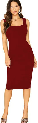 DESIGN PLUS FASHION Women Bodycon Red Below Knee Dress