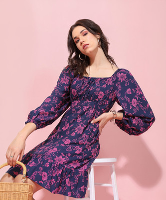 Tokyo Talkies Women Skater Pink, Dark Blue Above Knee/Mid Thigh Length Dress