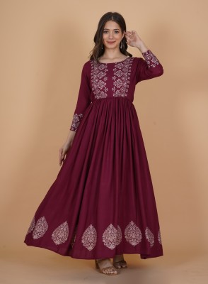 PURSHOTTAM WALA Women Printed Gown Kurta(Maroon)