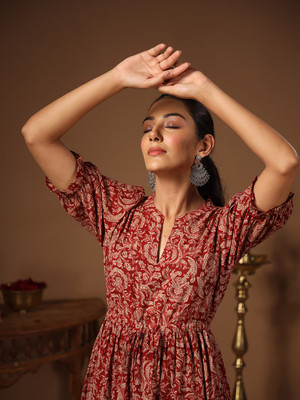 SV SUVEENA Women Fit and Flare Maroon Midi/Calf Length Dress