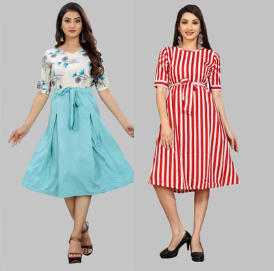 tanvi creation Women Fit and Flare Blue Below Knee Dress