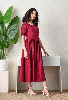 ichaa Women A-line Maroon Midi/Calf Length Dress