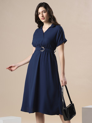 Globus Women Fit and Flare Blue Midi/Calf Length Dress