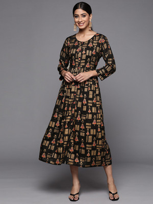 Varanga Women Fit and Flare Black Midi/Calf Length Dress