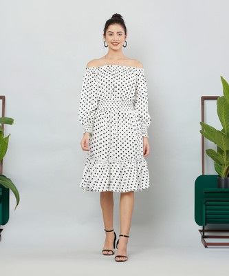 pluckily Women Fit and Flare White Knee Length Dress