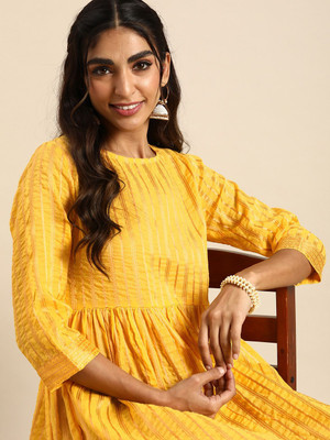 Sangria Women Striped A-line Kurta(Yellow)