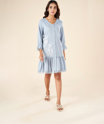 Akkriti by Pantaloons Women Fit and Flare Light Blue, White Below Knee Dress