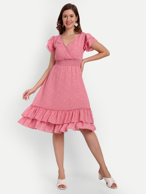 D'Vesh Women Fit and Flare Pink, White Knee Length Dress