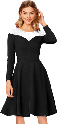 Dhruvil Impex Women Fit and Flare Black, White Knee Length Dress