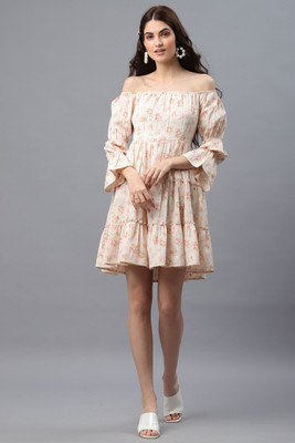 ADRIANA Women A-line Beige Mini/Short Dress