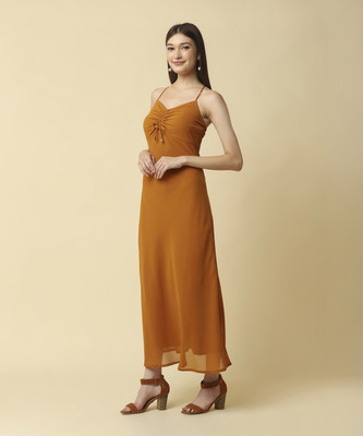 RAASSIO Women A-line Yellow Midi/Calf Length Dress