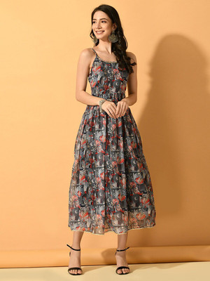 Sangria Women Fit and Flare Grey Midi/Calf Length Dress
