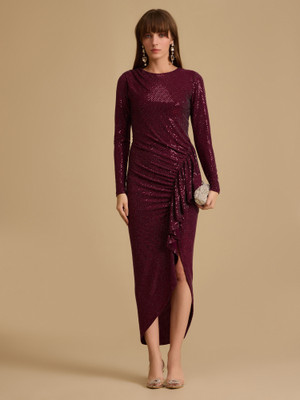 KAZO Women Bodycon Maroon Midi/Calf Length Dress