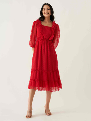 AASK Women Fit and Flare Red Midi/Calf Length Dress