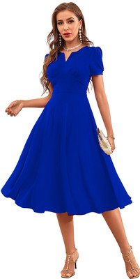 TESSAVEGAS Women Fit and Flare Blue Below Knee Dress